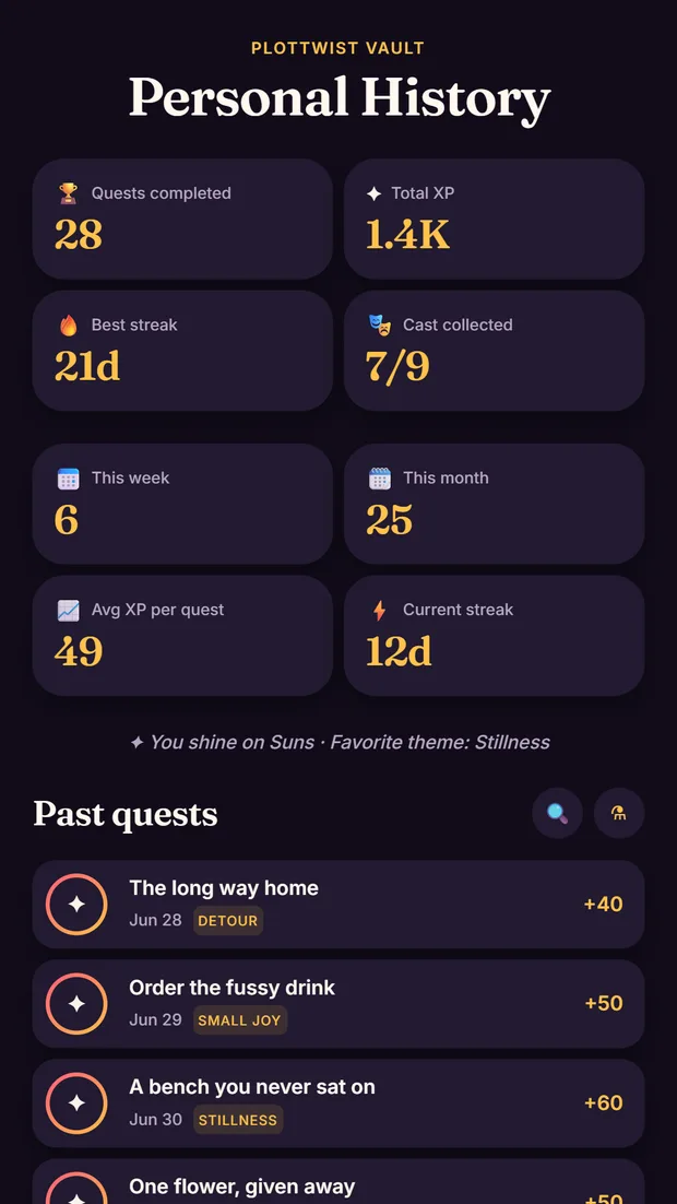 The Vault showing past quests and stats