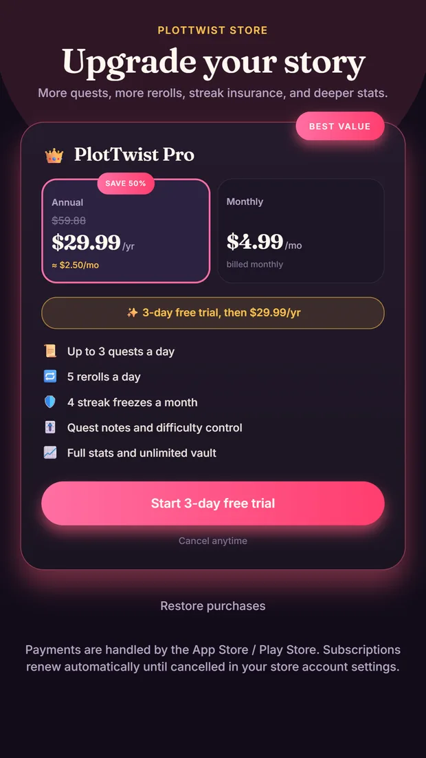The subscription screen showing the free and Pro tiers